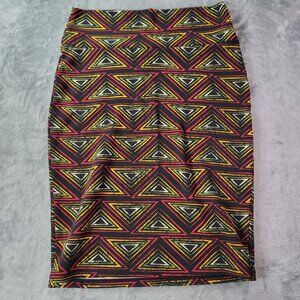 LuLaRoe Womens Cassie Skirt S Black Yellow Red Geometric‎ Bodycon Stretch Pencil